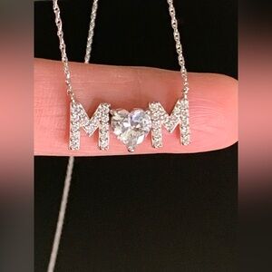 Vintage Rhodium-Plated Over 925 Sterling Silver MOM Cubic Zirconia Pendant Neckl